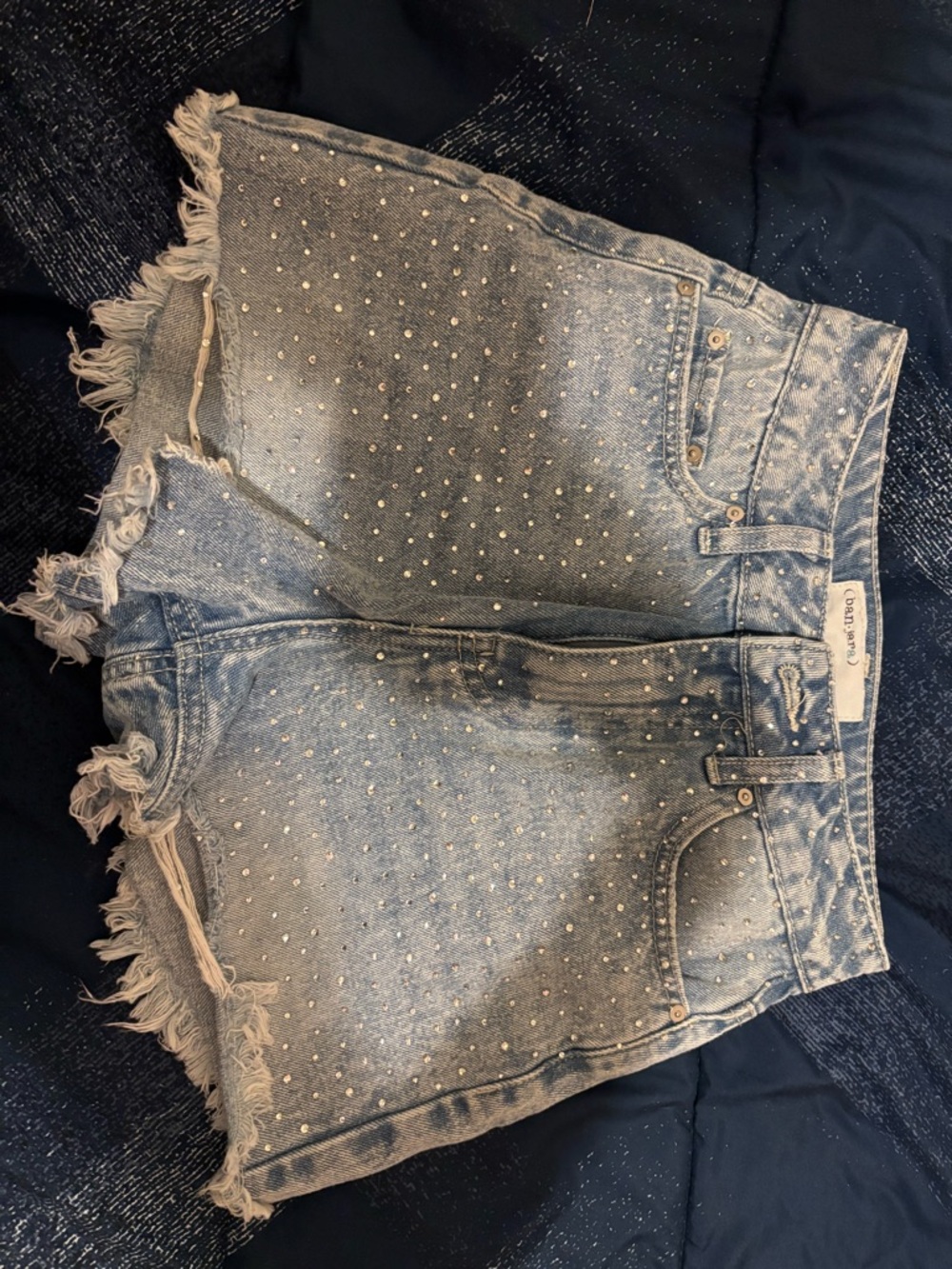 Embellished Light Blue Denim Jean Shorts with Frayed Hem